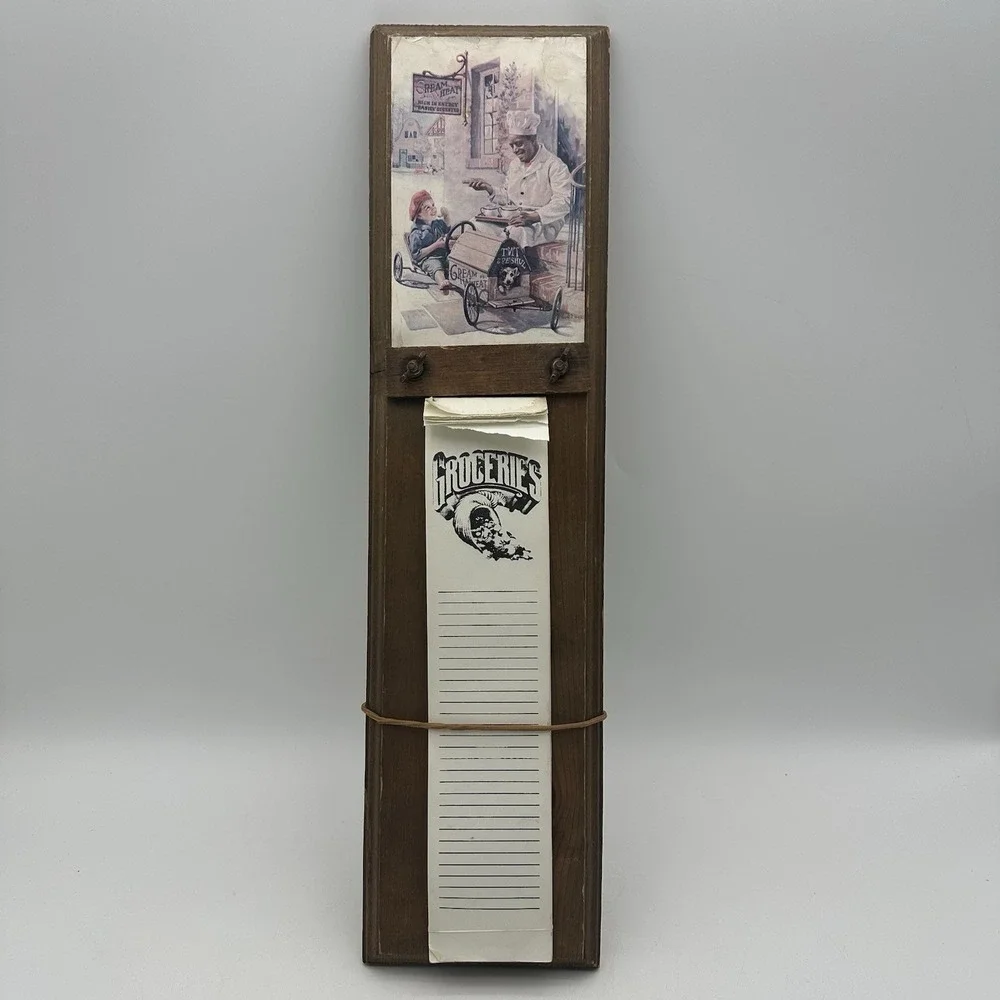 Vintage Grocery List On Wooden Bar W/Vintage Picture Boy In A Old Car 21